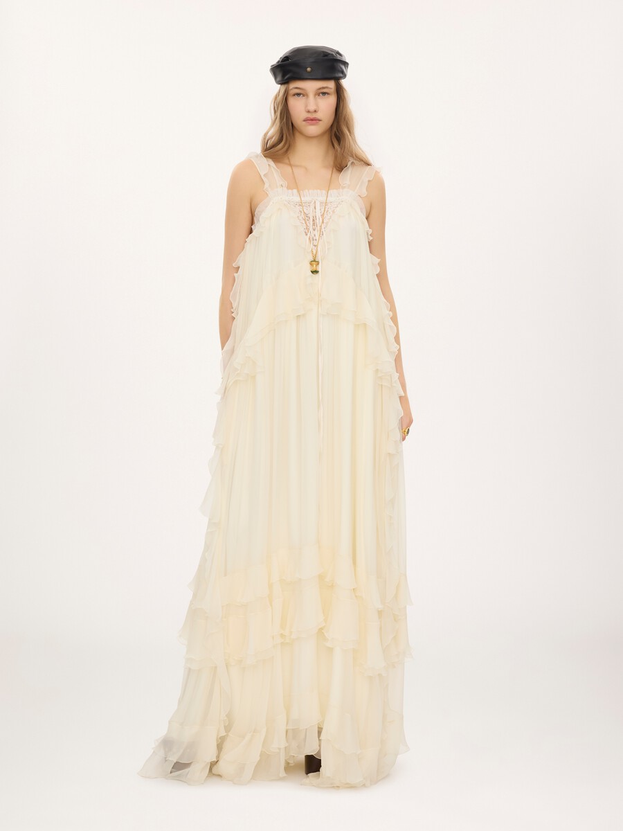 Sleeveless layered long dress in silk mousseline & lace - 3