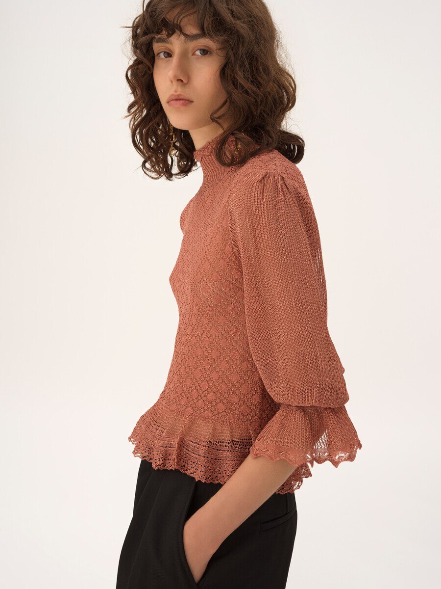 Pullover con volant e maniche a sbuffo in maglia di lurex - 6