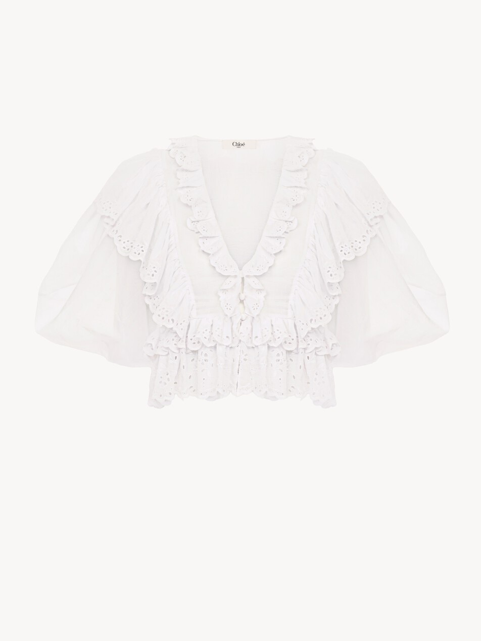Cropped V-neck ruffle top in cotton voile