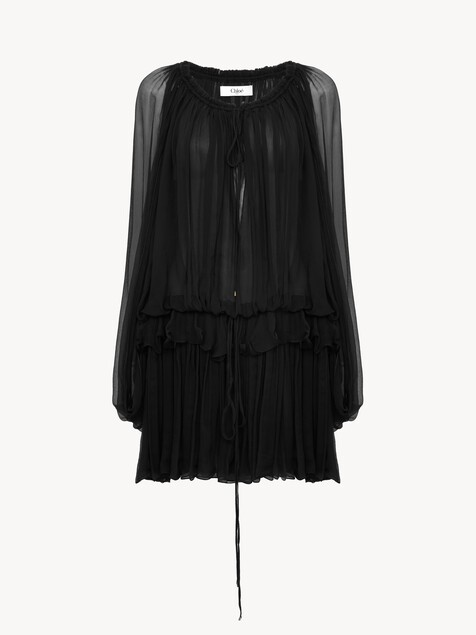 Mini cape dress in silk mousseline