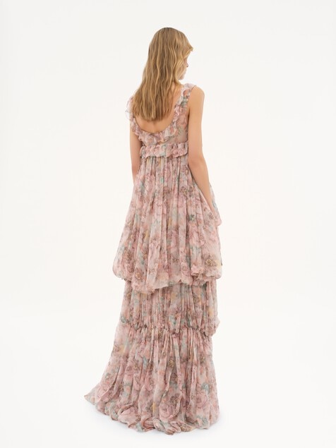 High-low ruffled dress in silk mousseline