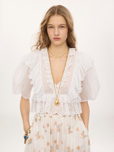 Cropped V-neck ruffle top in cotton voile - 4