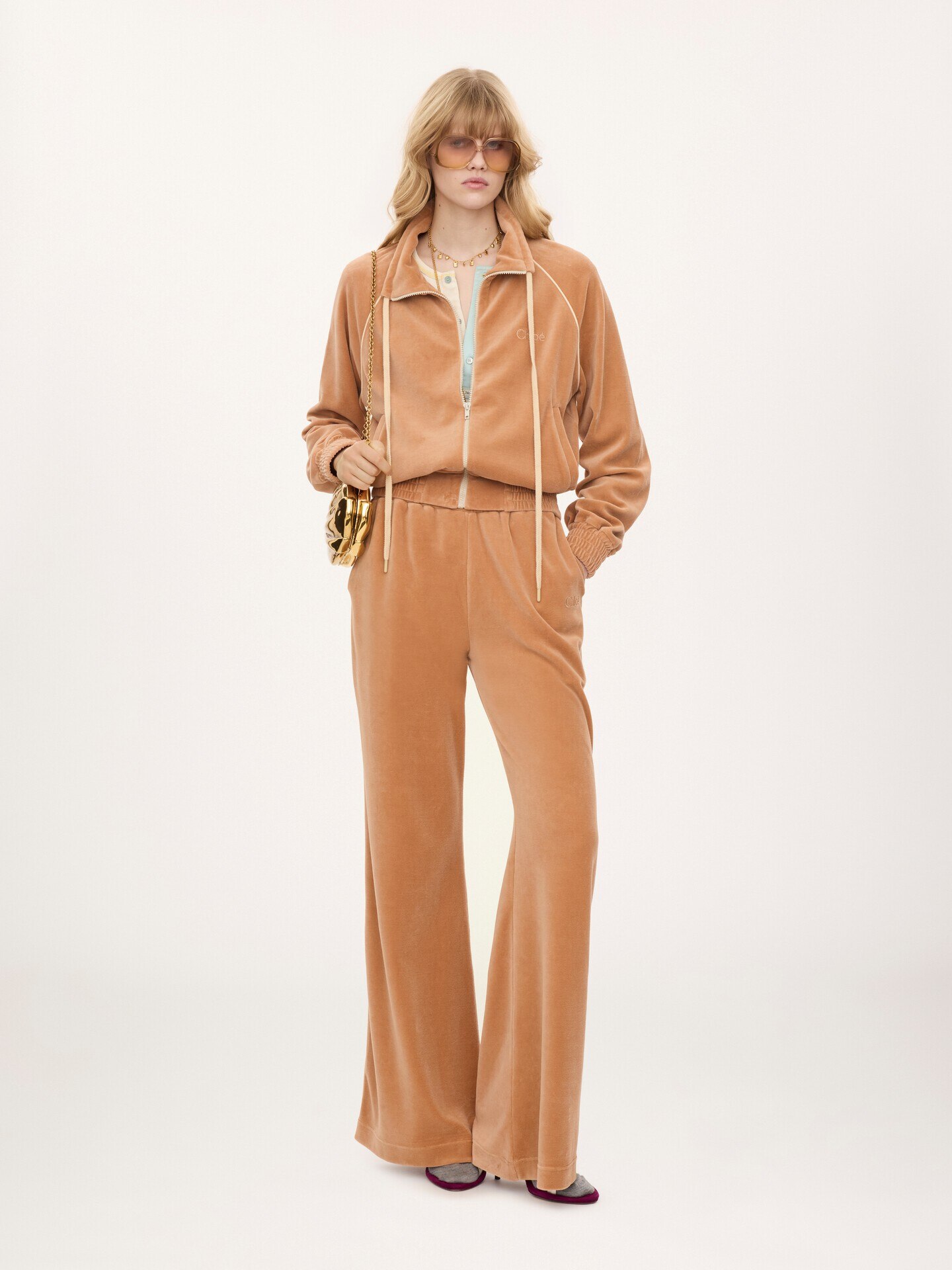 High-neck logo tracksuit jacket in velvet - 3