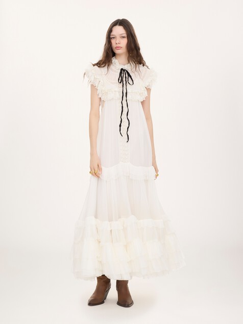 Tie-front ruffled long dress in silk mousseline & lace