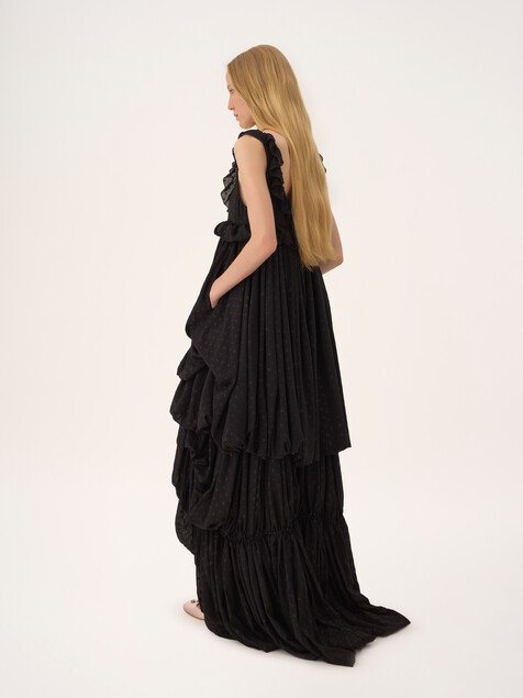 High-low sleeveless dress in silk georgette jacquard & lurex