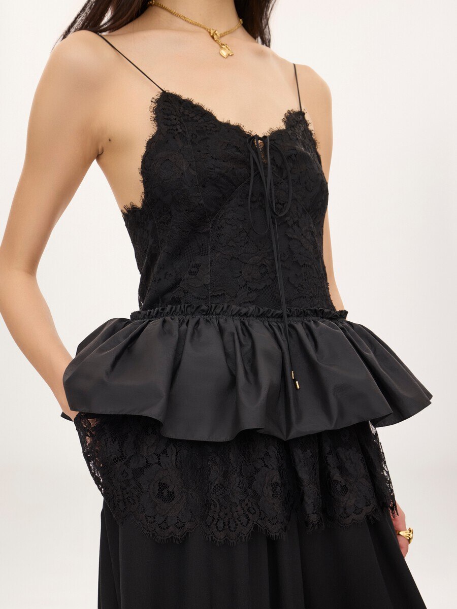 Thin-strap ruffle top in technical taffeta & lace - 5