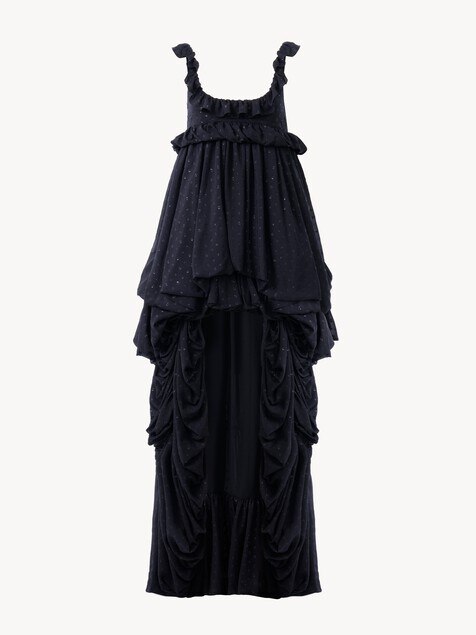 High-low sleeveless dress in silk georgette jacquard & lurex