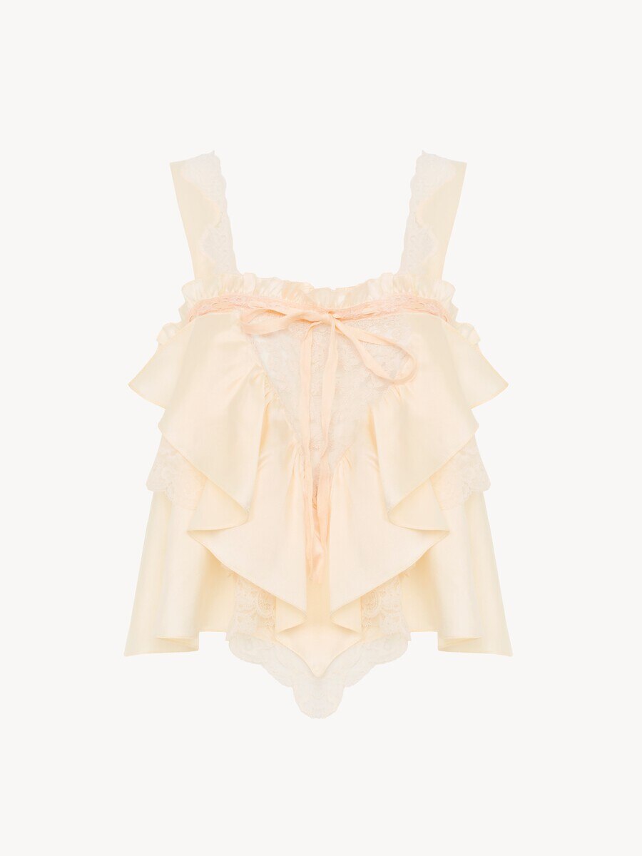 Sleeveless ruffle top in washed silk satin & lace - 2