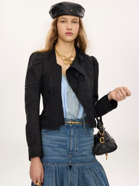 Fitted jacket in silk-blend jacquard & lace