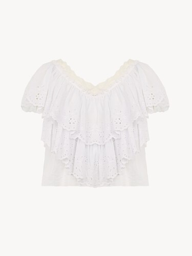 Cropped V-neck ruffle top in cotton voile & lace - 2