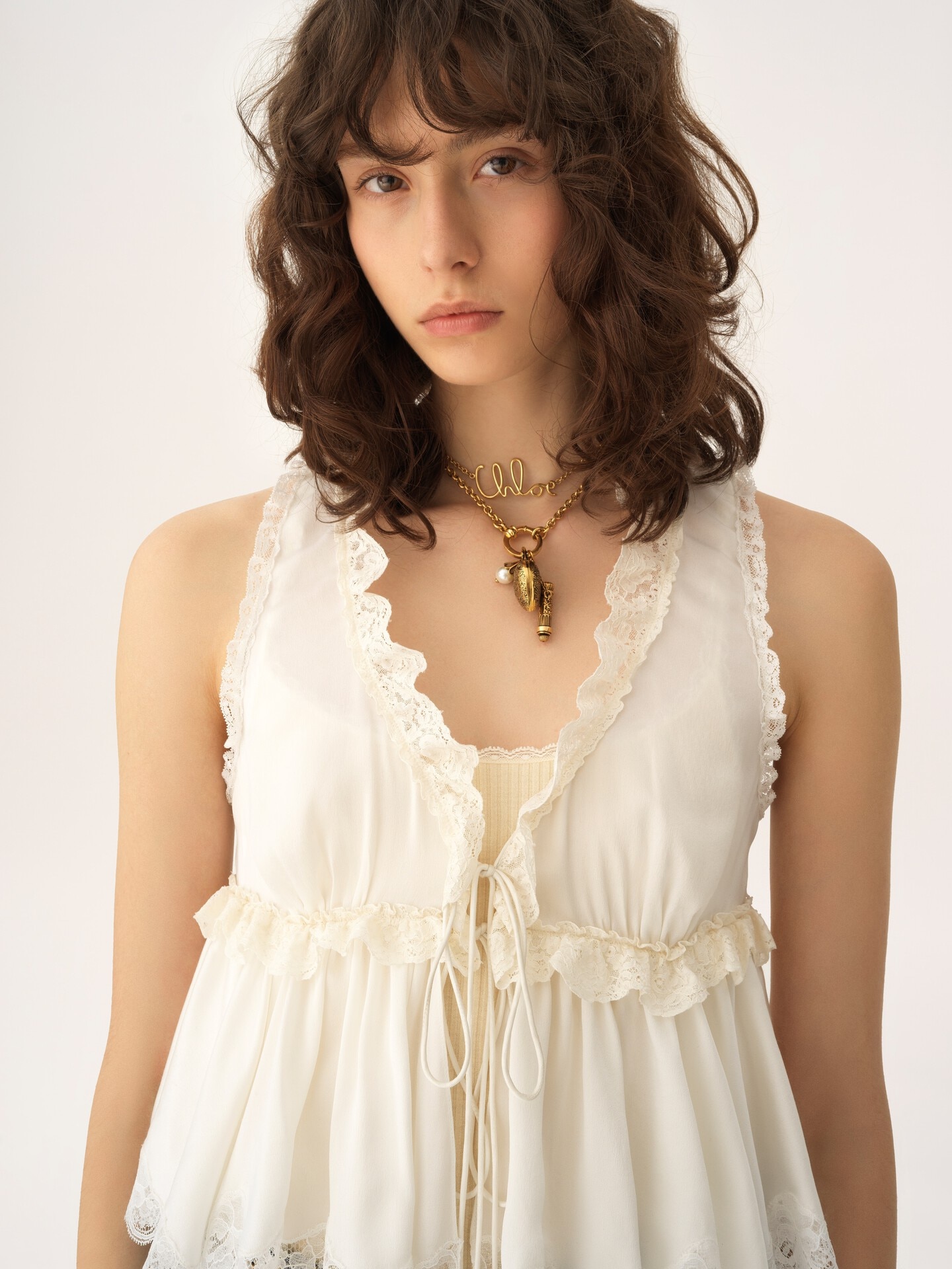 Tie-front sleeveless top in washed silk satin & lace - 6