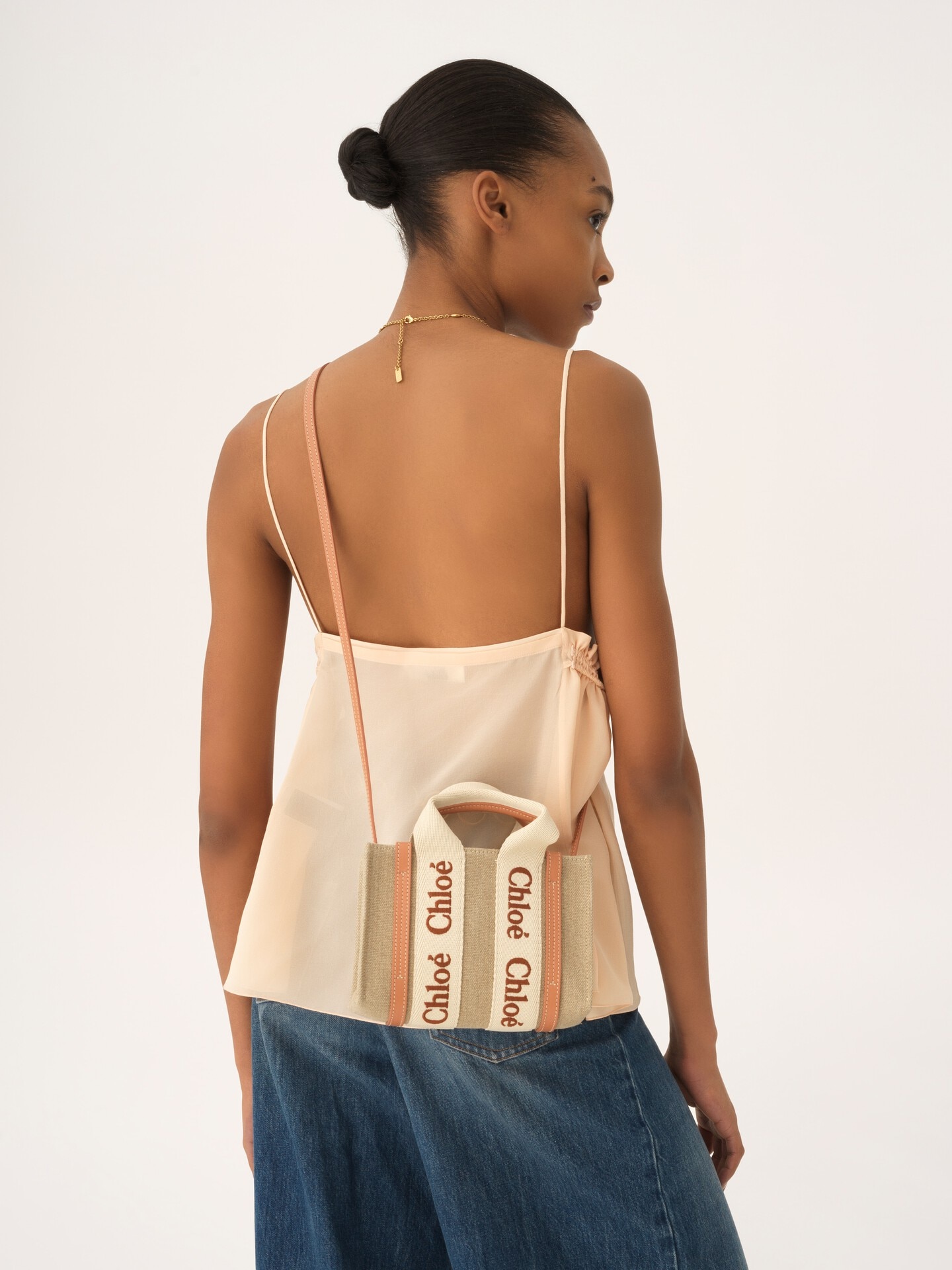 Mini Woody tote bag in linen & leather - 3