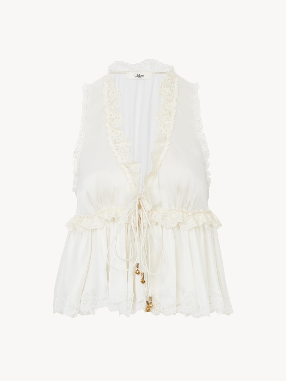 Tie-front sleeveless top in washed silk satin & lace - Packshot