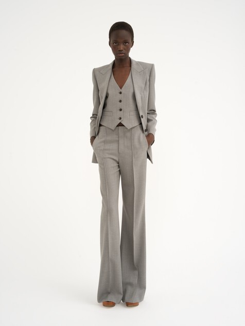 Pantalon &eacute;vas&eacute; en laine grain de poudre