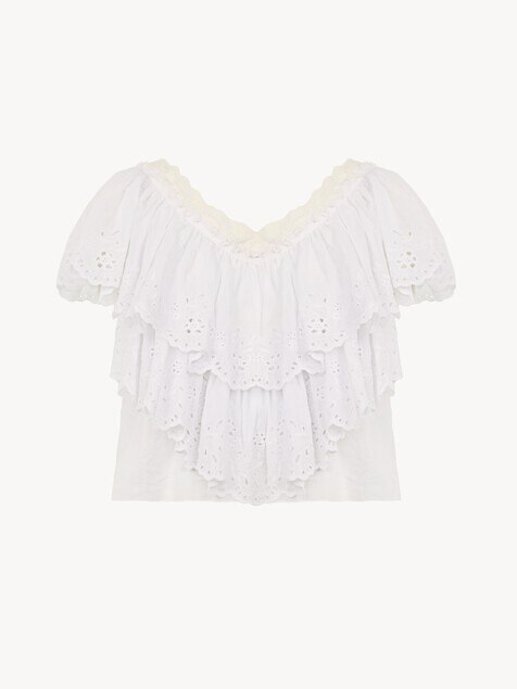 Cropped V-neck ruffle top in cotton voile & lace