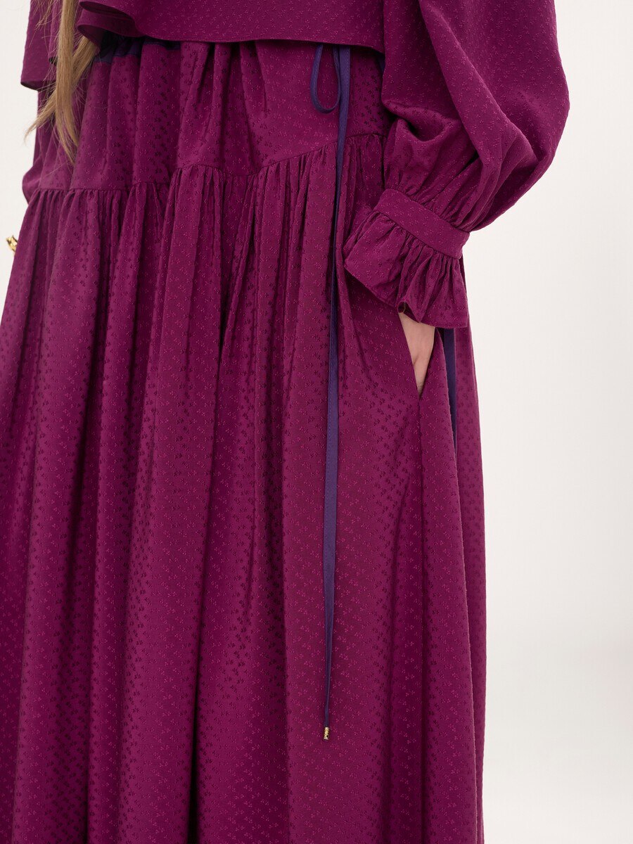 Gathered long skirt in silk jacquard & lace - 6