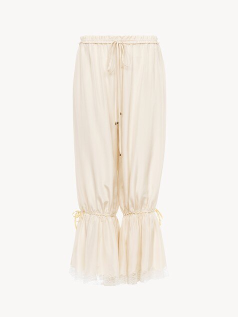Fluid cropped pants in washed silk pong&eacute; & lace