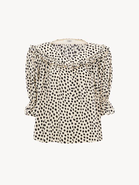 Puff-sleeve ruffled top in cr&ecirc;pe de chine