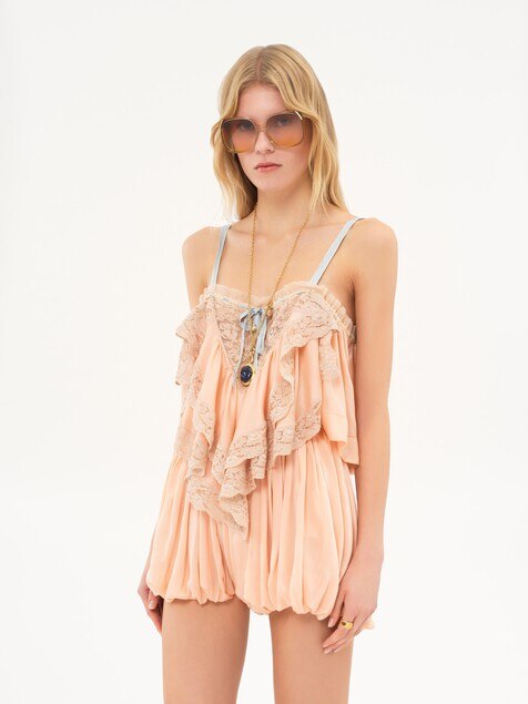 Ruffled camisole top in silk charmeuse & lace