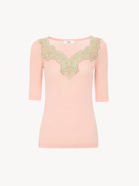 Elbow-sleeve fitted jumper in a wool knit & lace