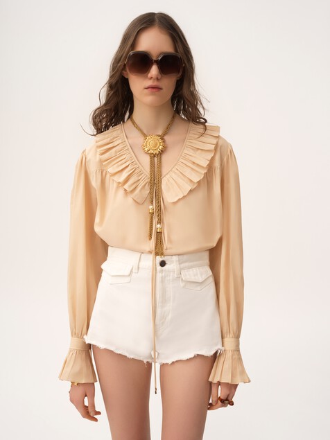 Gathered ruffle top in cotton voile