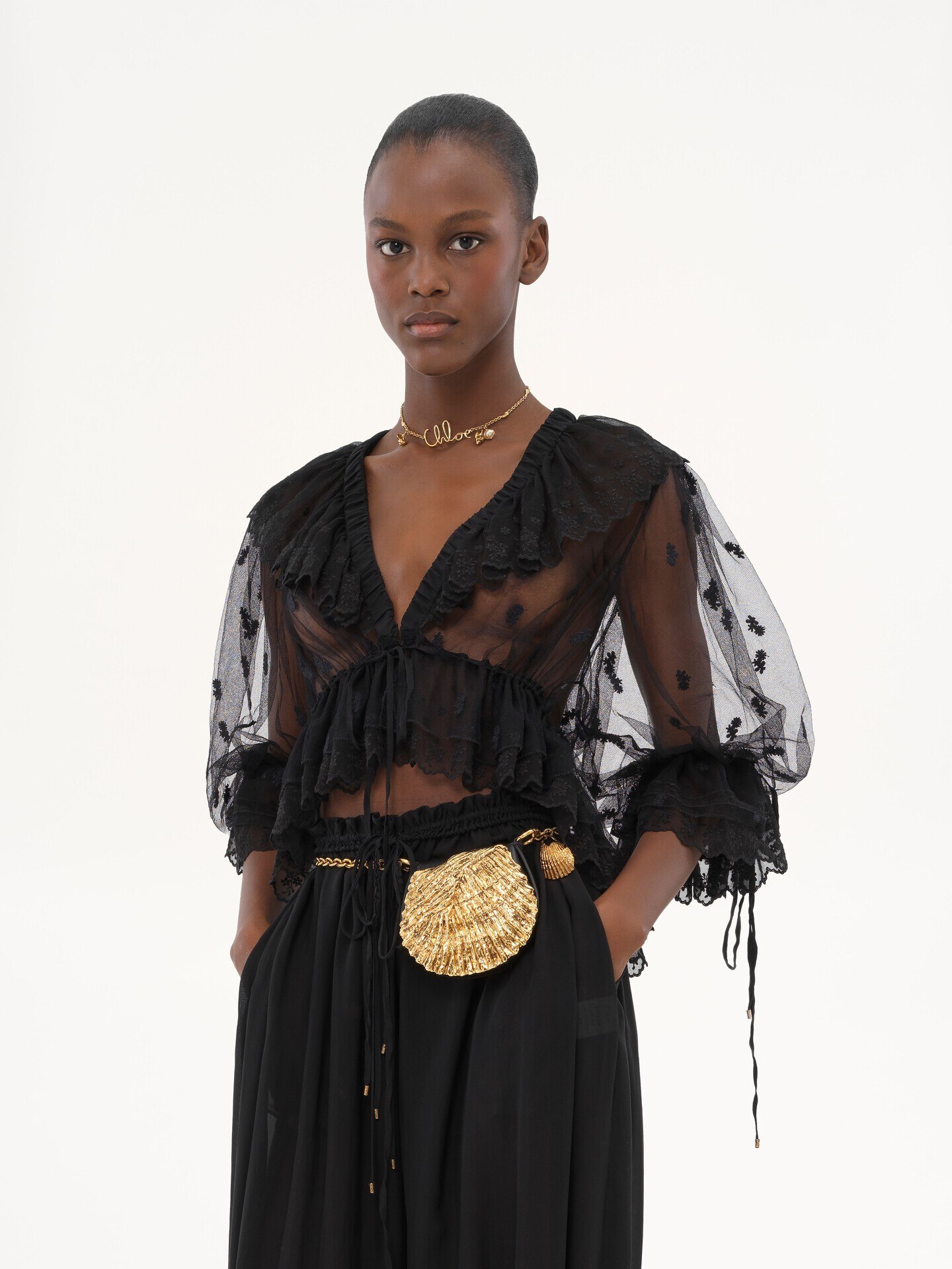 V-neck ruffle top in embroidered lace - 5