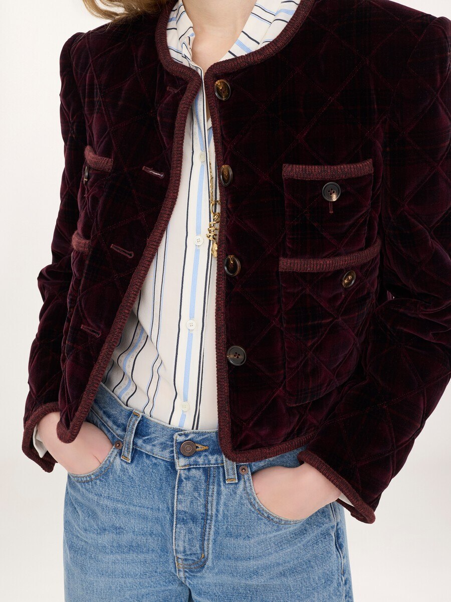 Veste droite sans col en coton &agrave; carreaux - 6