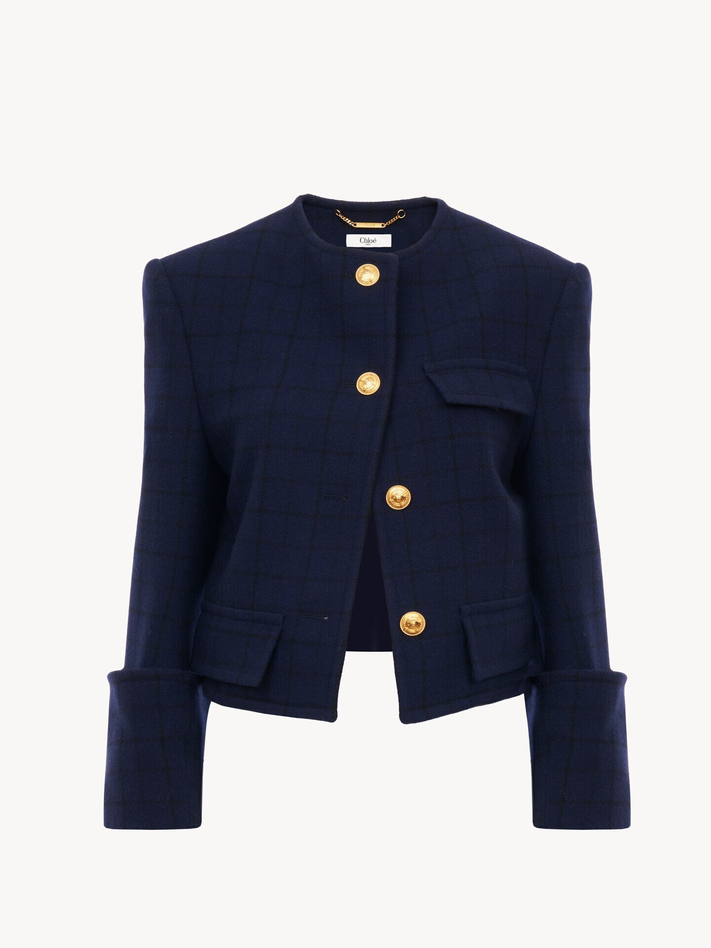 Boxy collarless jacket in wool check - 2