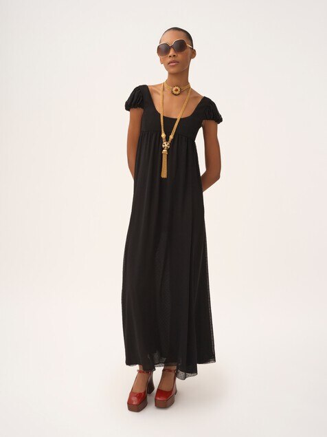 Puff-sleeve long dress in silk plumetis