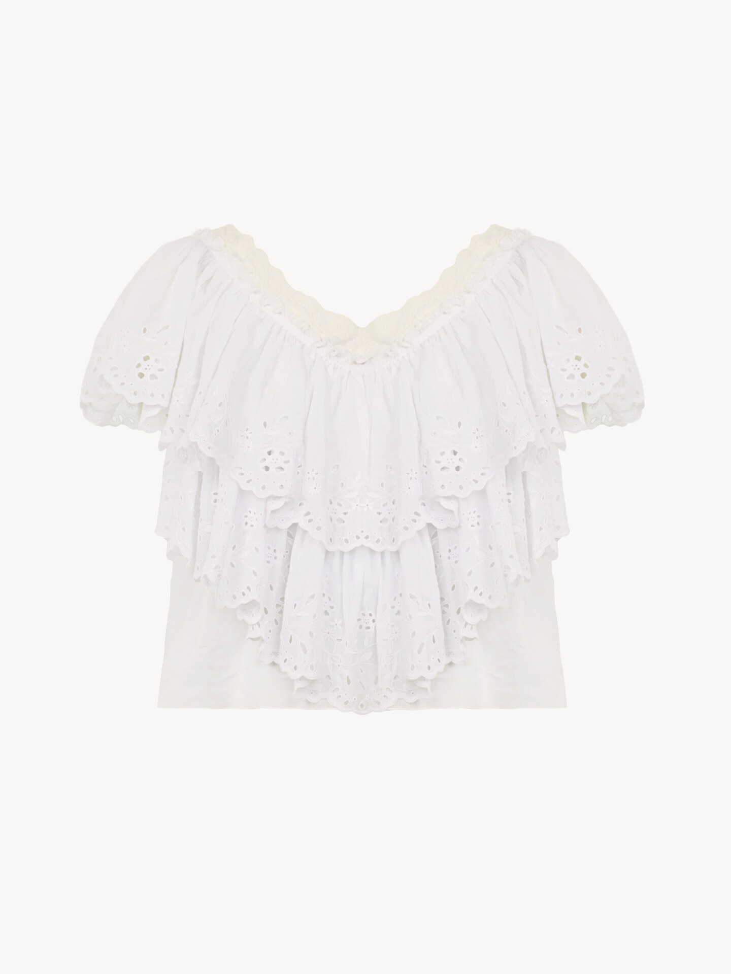Cropped V-neck ruffle top in cotton voile & lace - 2