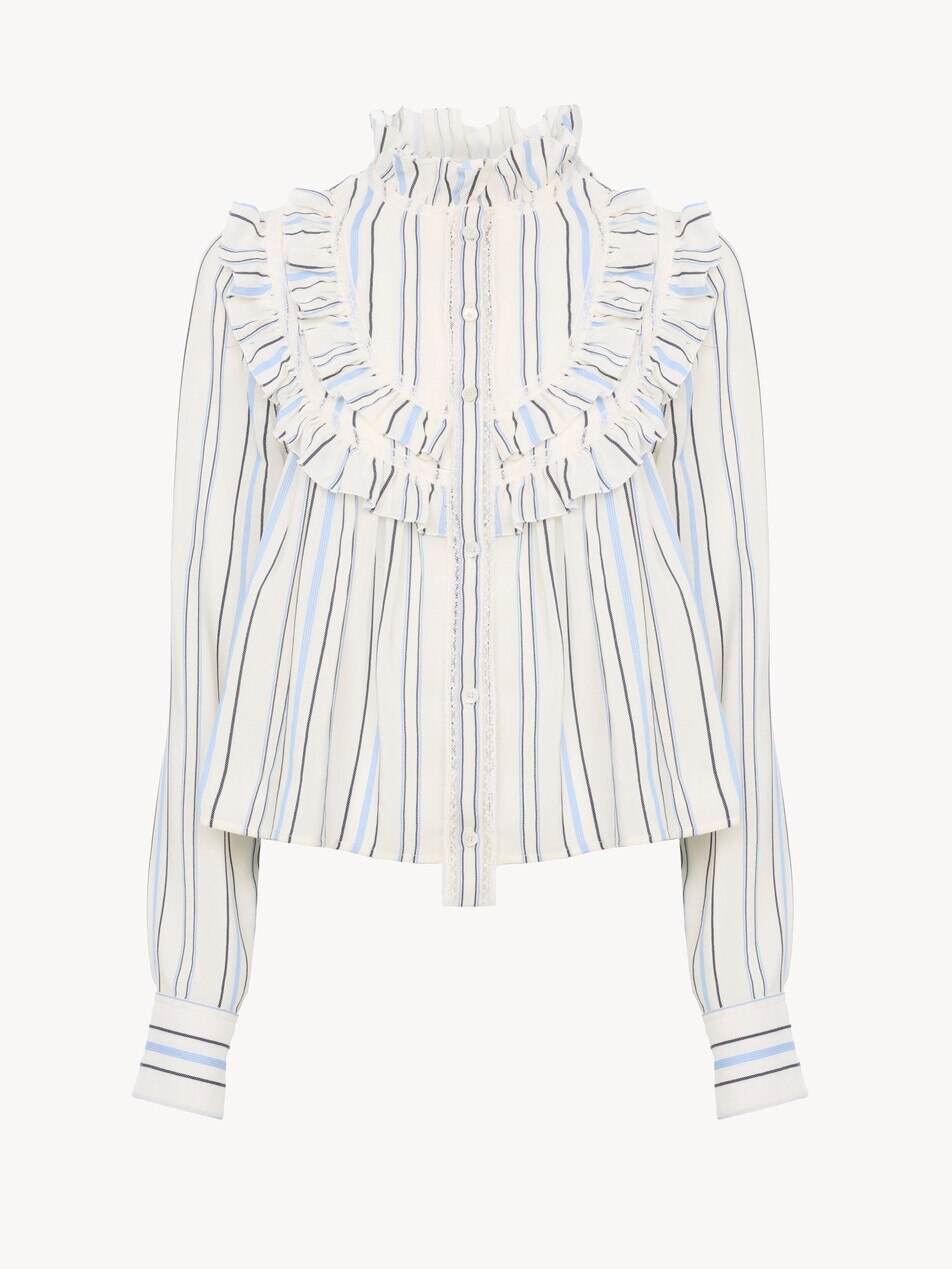 Ruffled blouse in silk jacquard & lace