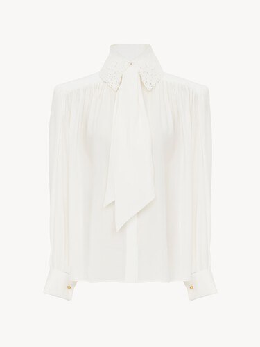 Gathered scarf-tie blouse in cr&ecirc;pe de chine & lace - 2