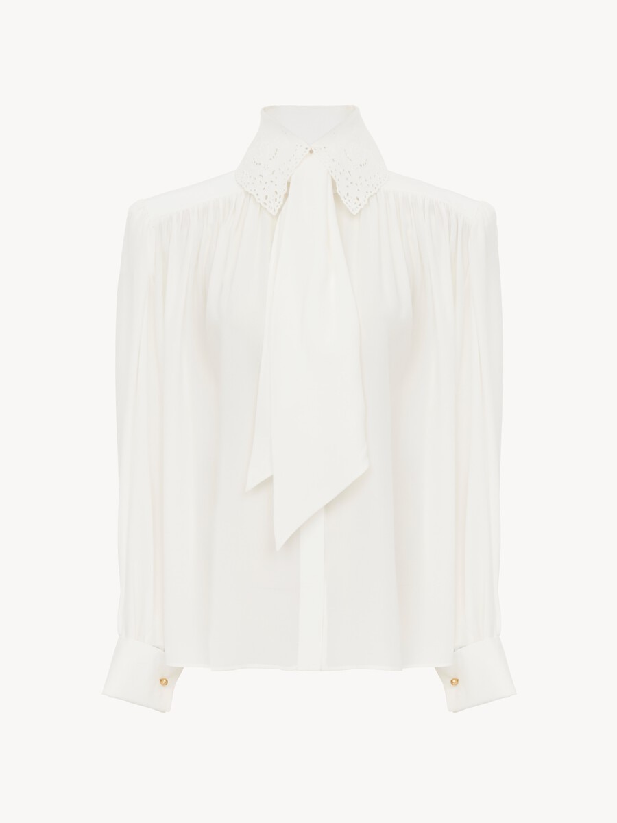 Gathered scarf-tie blouse in cr&ecirc;pe de chine & lace - 2