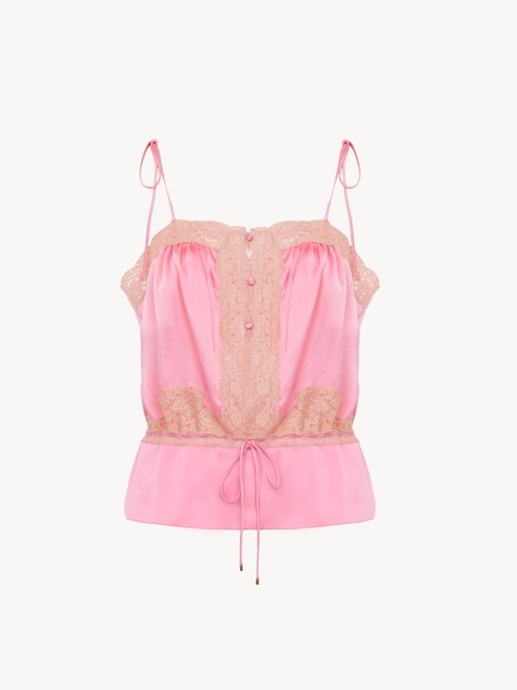 Top caraco &agrave; coulisse en satin de soie lav&eacute; et dentelle
