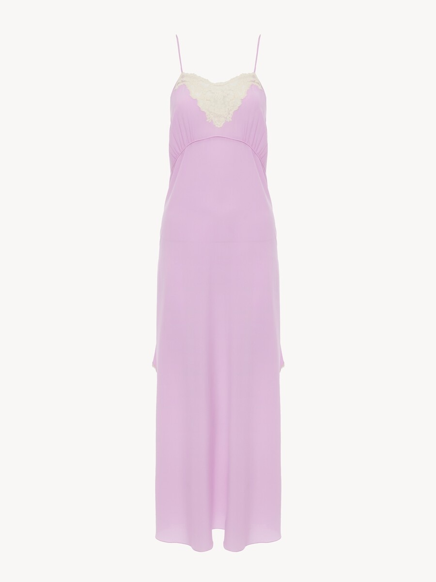 Thin-strap midi dress in cr&ecirc;pe de chine & lace - 2
