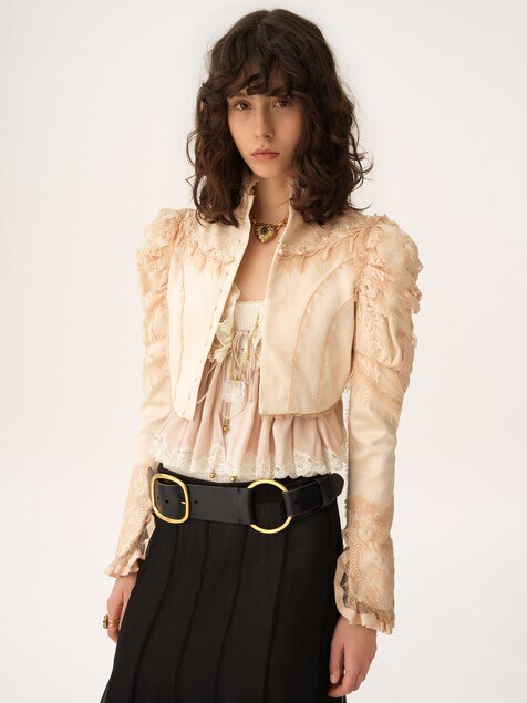 Cropped fitted jacket in silk duchess satin & lace