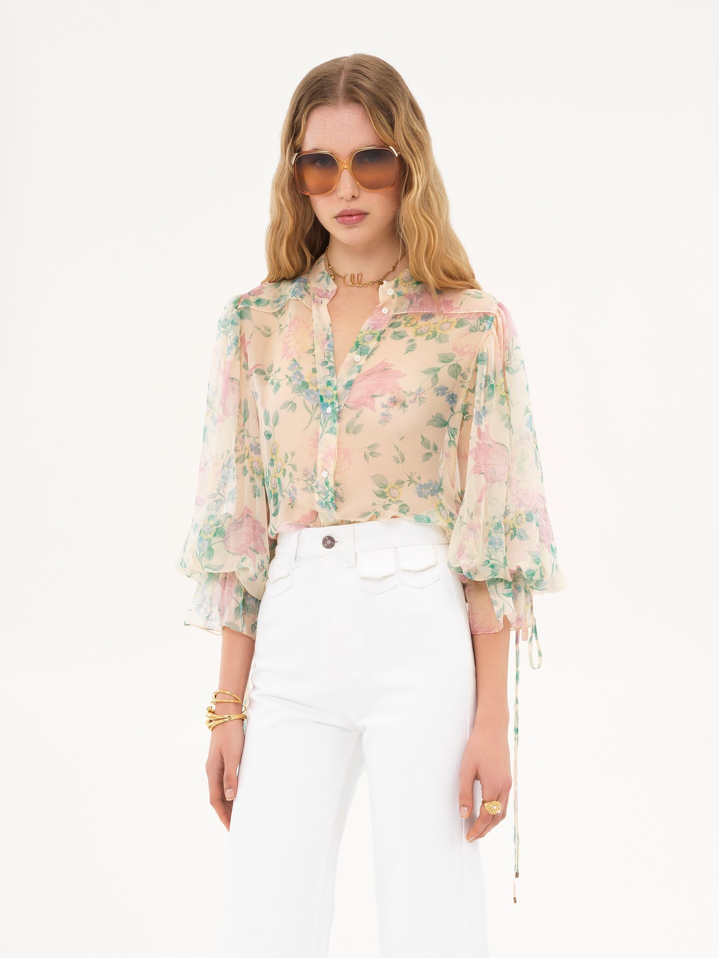 Puff-sleeve blouse in silk mousseline - 4