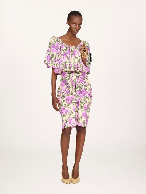 Puff-sleeve cropped top in silk jacquard