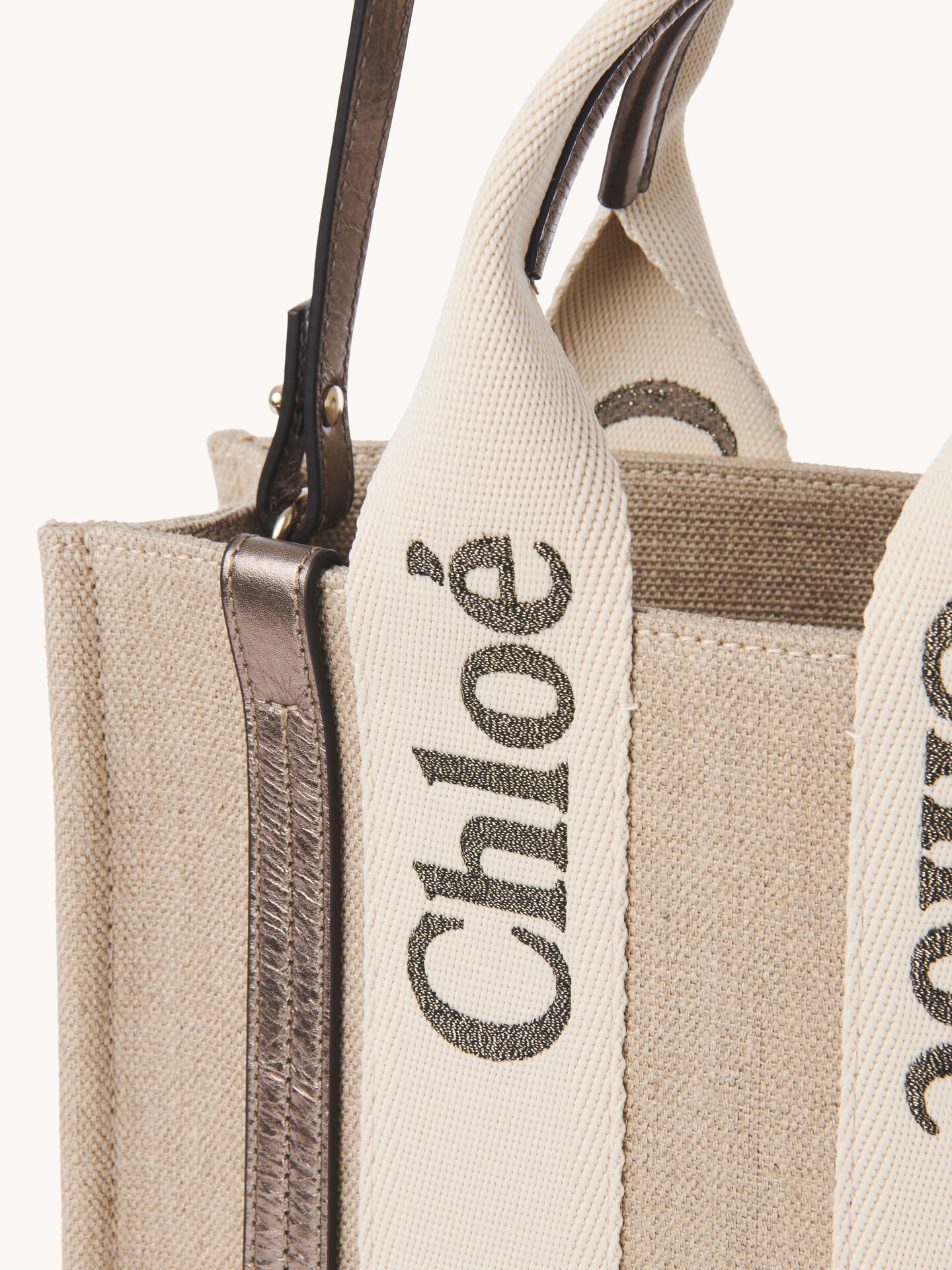 Small Woody tote bag in linen & leather - 7