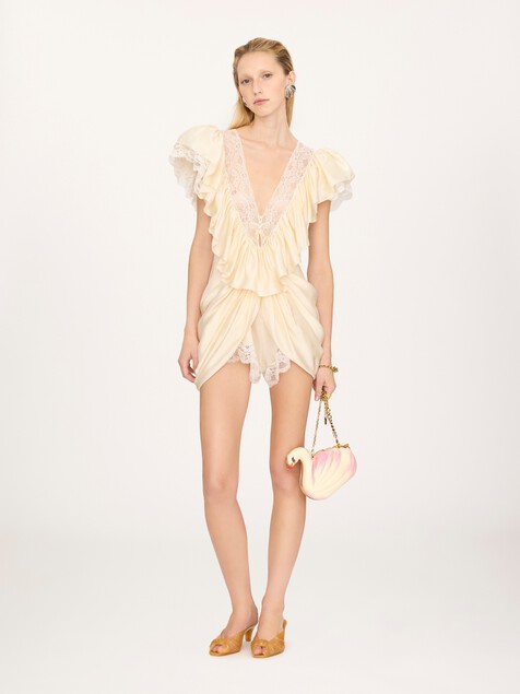 Combi-short col V en satin de soie lav&eacute; et dentelle