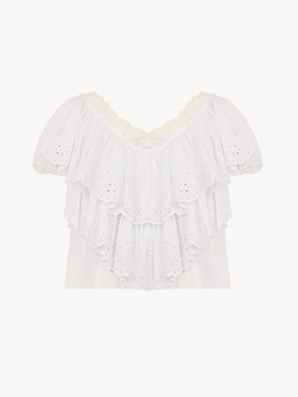 Cropped V-neck ruffle top in cotton voile & lace - Packshot