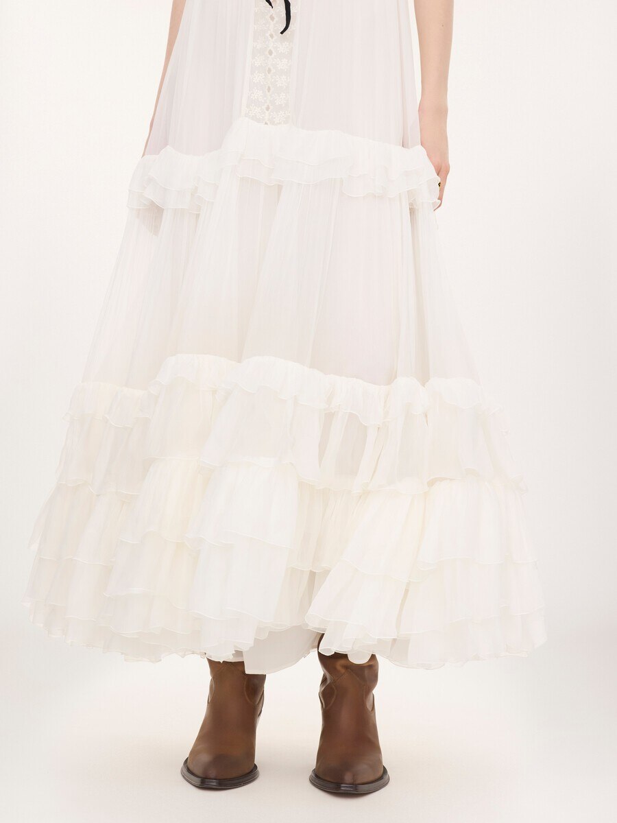 Tie-front ruffled long dress in silk mousseline & lace - 8