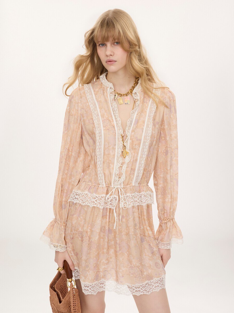 Puff-sleeve mini dress in silk charmeuse & lace - 4