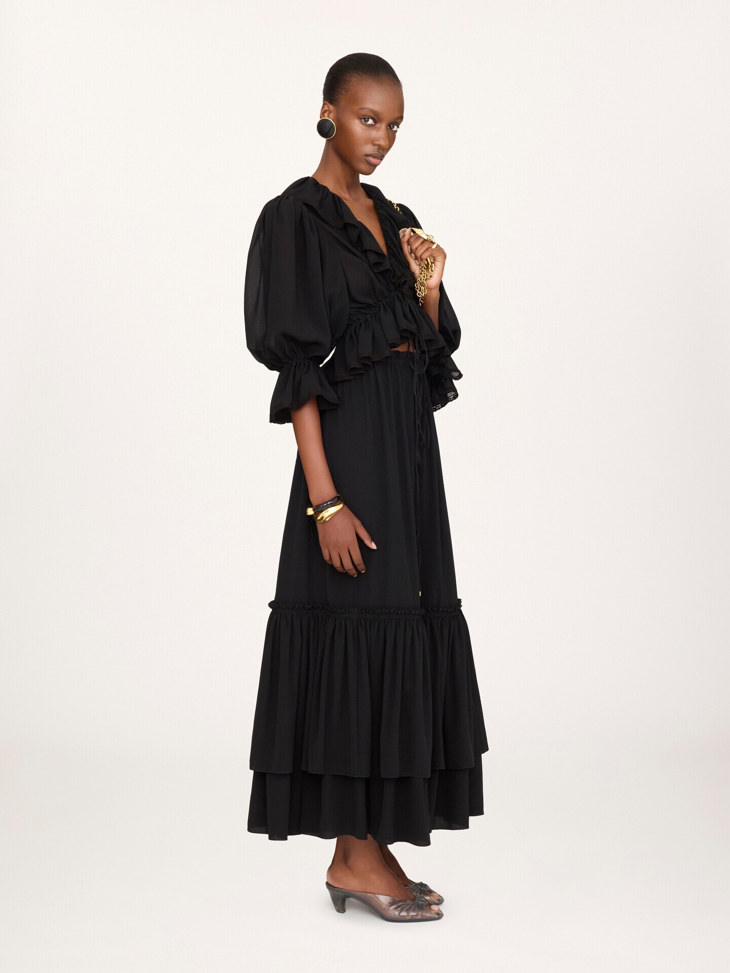 Ruffled long skirt in cr&ecirc;pe de chine - 6