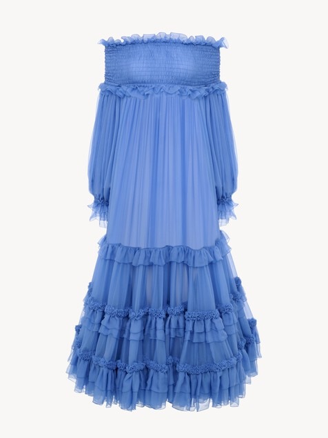 Off-the-shoulder long dress in silk mousseline