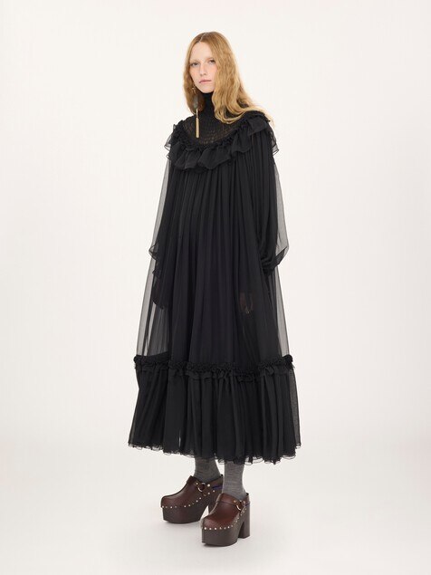 High-neck ruffled midi dress in silk mousseline