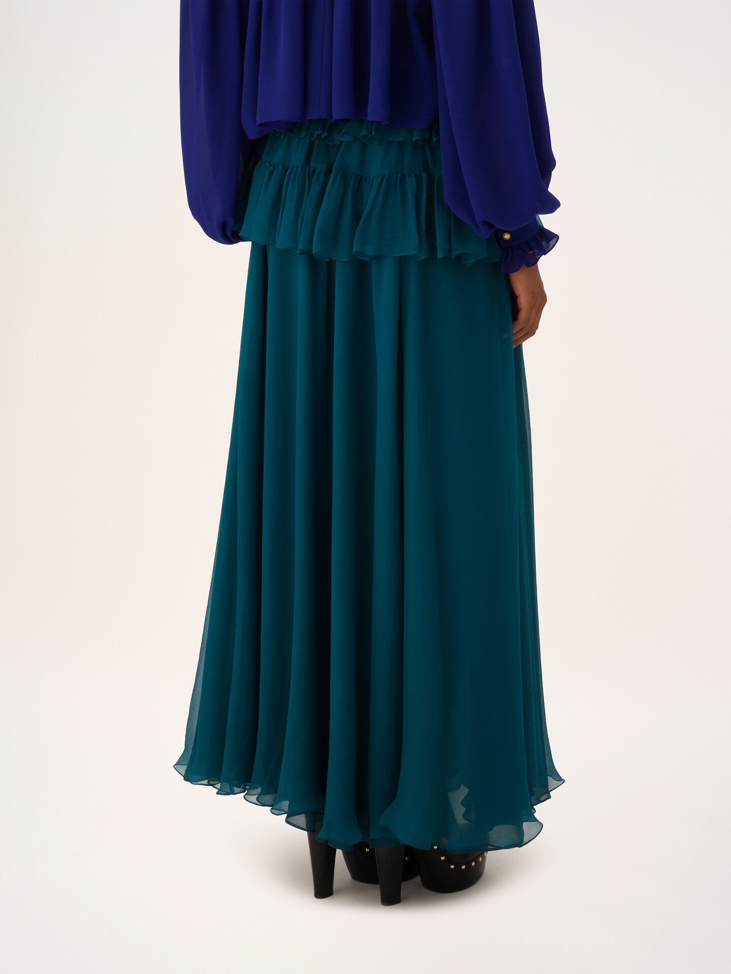 Ruffled long skirt in silk mousseline - 6