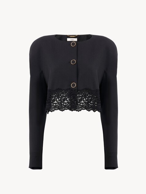 Collarless cropped jacket in wool grain de poudre & lace