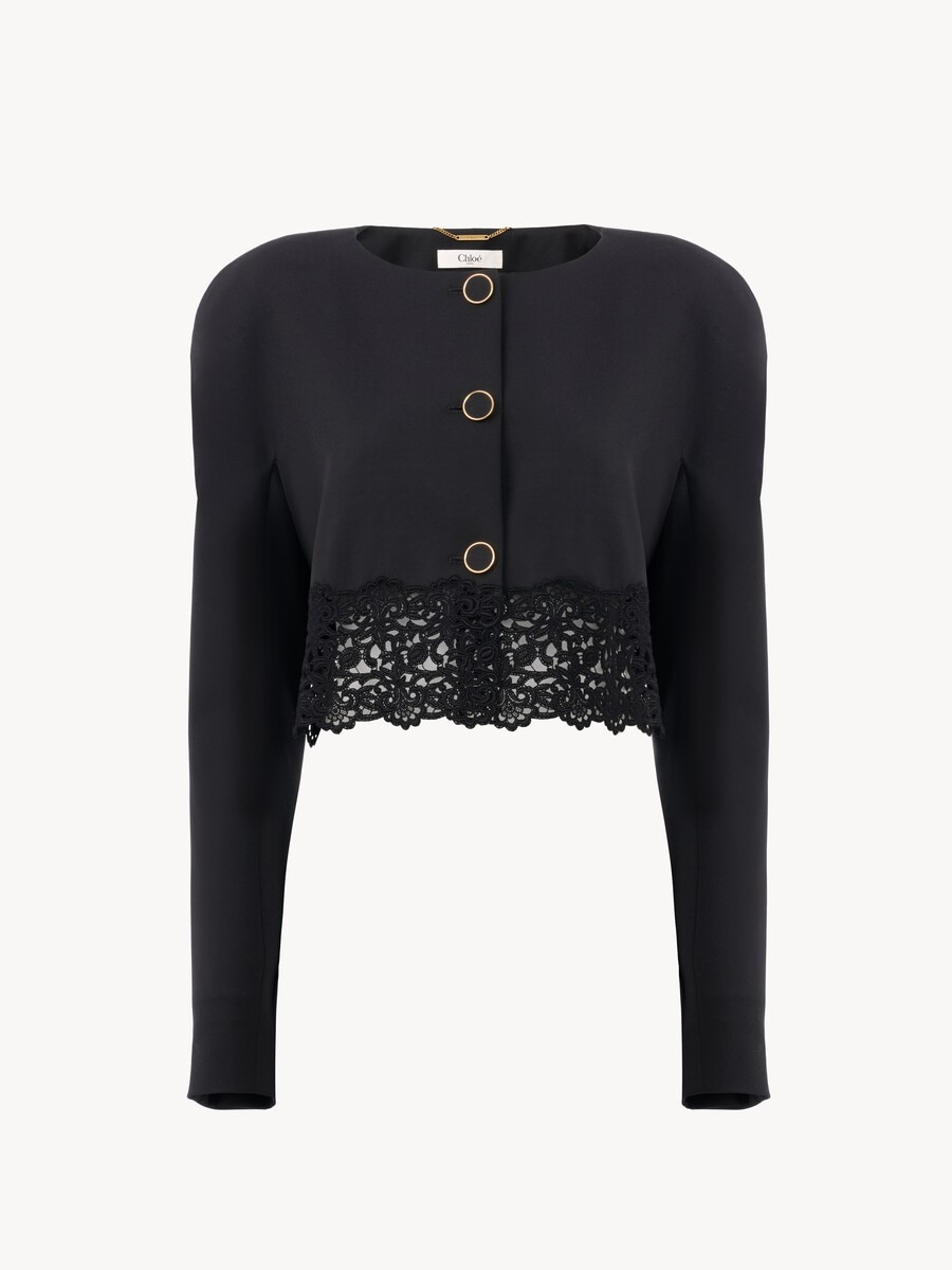 Veste courte sans col en laine grain de poudre et dentelle - 2