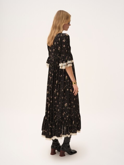 Vestido midi con cuello redondo de seda charmeuse y encaje